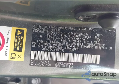 2010 Toyota Highlander Se V6 z USA, uszkodzony, nr VIN 5TDJK3EH7AS030285